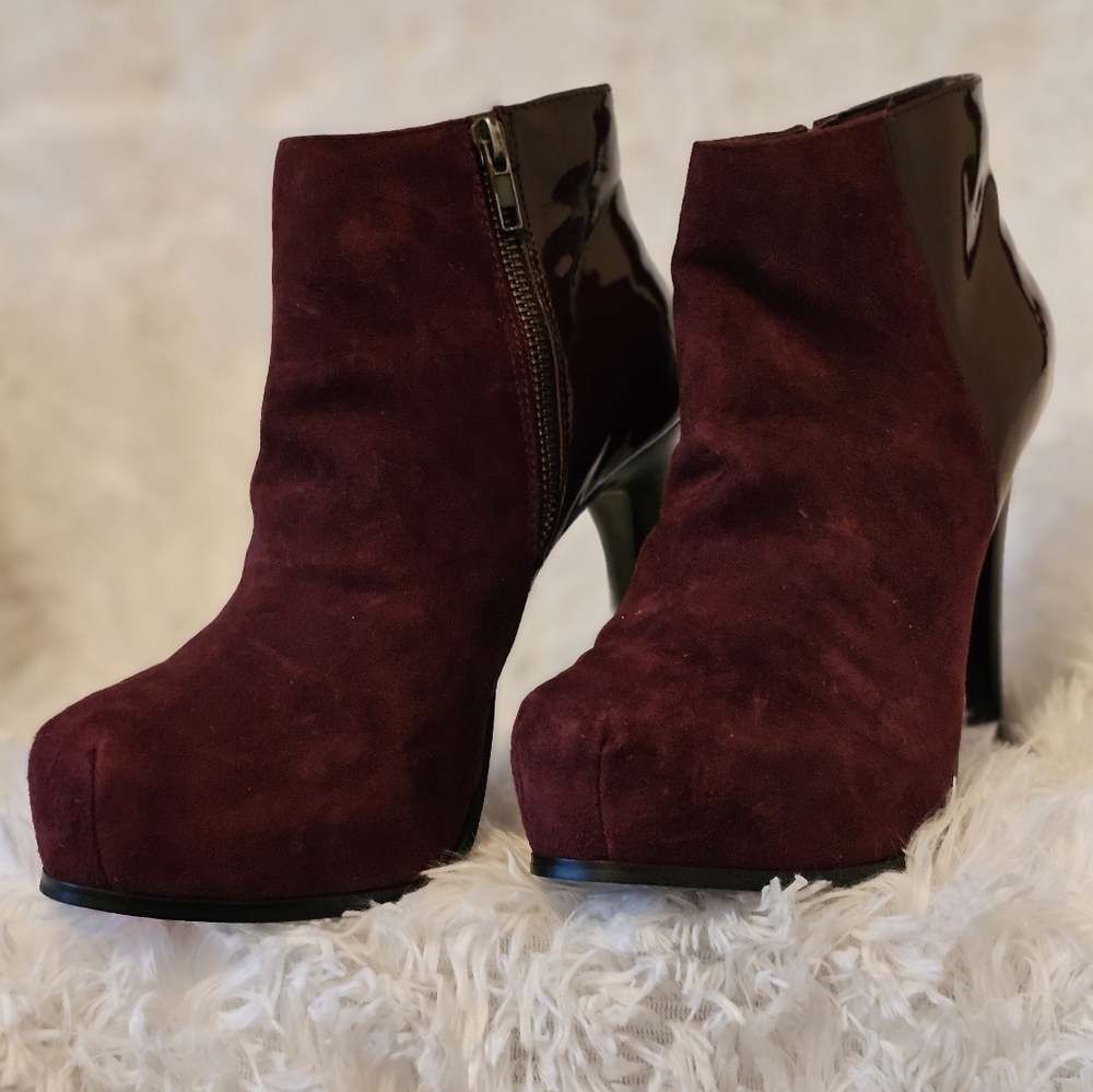 Suede and Patent Leather Burgundy Booties